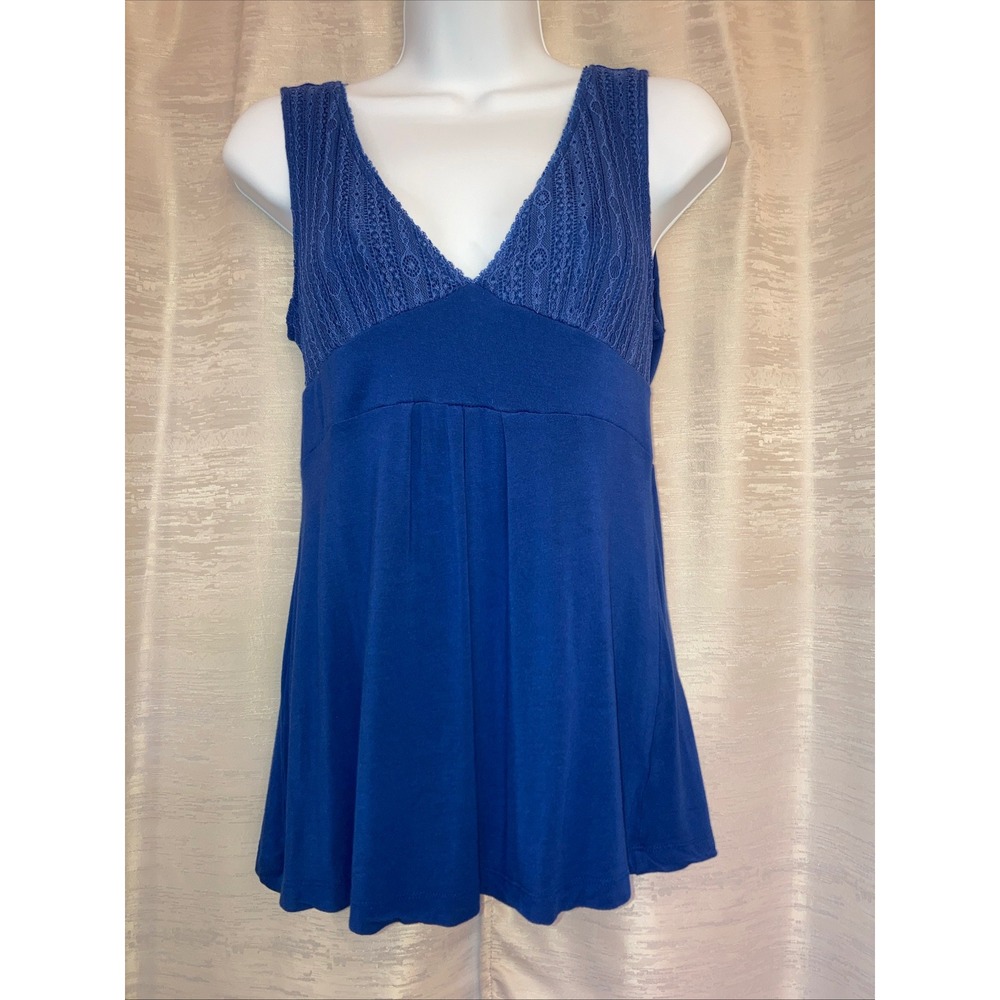 Tahari Womens Blue Sleeveless Lace V Neck Top Blouse Size S
